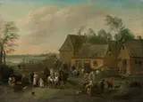 Carel Breydel, Village scene on a river bank, oil on panel