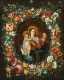 Jan Brueghel the Younger, Virgin with child and angels in a garland of flowers