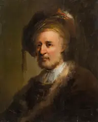 follower of Rembrandt Harmensz van Rijn, Portrait of a man in oriental robe, oil on panel, parqueted