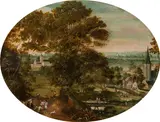 Jacob Savery, Landscape with huntsman and city in the background, c. 1590, oil on panel