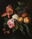 Ernst Stuven, Still life with peaches, grapes and flowers, oil on canvas