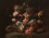 Flowers in a basket by circle of Jean-Baptiste Monnoyer, oil on canvas, sold Apr 2017