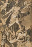Minerva's victory over Ignorance by circle of Bartholomäus Spranger, pen and ink and brush in brown and black, heightened with white, wash, mounted, framed, sold Apr 2017