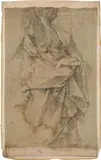 Figure study by circle of Giovanni Lanfranco, chalk in black and white, red enlargement grid, mounted, narrow strip of paper added to the bottom, unframed, sold Apr 2017