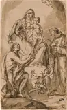 attributet to Girolamo Brusaferro, Madonna and child with Saint John the Baptist and Saint Anthony of Padua, pen and brown ink, wash, unframed