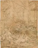 The expulsion of the merchants from the temple by Jacopo da Ponte, called Jacopo Bassano , follower of, chalk in black, unframed, sold Apr 2017