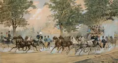 Gottfried Wilda, Archduke Otto and several members of the imperial court taking a ride in front of the Rotunde at the Prater, Vienna, watercolour over print