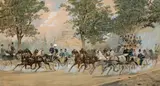 Gottfried Wilda, Archduke Otto and several members of the imperial court taking a ride in front of the Rotunde at the Prater, Vienna, watercolour over print