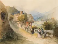 Friedrich Treml, Chat at the garden fence, 1850, watercolour on paper