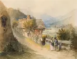 Friedrich Treml, Chat at the garden fence, 1850, watercolour on paper