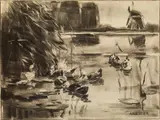 Alexander Koester, Landscape with ducks, charcoal on paper