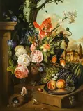 Josef Holstayn, Flower still life with a view of the Schottenstift, Vienna, oil on canvas