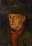 Portrait of a man with hat and red waistcoat by circle of Wilhelm Leibl, oil on panel, offered Apr 2017