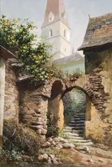 Staircase in Weißenkirchen on the Danube/Wachau by Karl Flieher, gouache on cardboard, sold Apr 2017