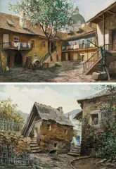 Karl Flieher, Counterparts: Old Viennese courtyard - Farmyard in Dürnstein on the Danube/Wachau, gouache on paper