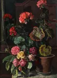 Josef Stoitzner, Still life with geraniums and roses, oil on cardboard