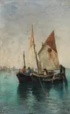Lea von Littrow, Fishing boats in the lagoon of Venice, oil on canvas
