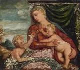 Virgin with child and Saint John the Baptist by Alessandro Bonvicino, called Moretto da Brescia , circle of, oil on panel, mounted on canvas, sold Feb 2017