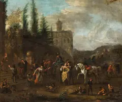 follower of Philips Wouwerman, Landscape with travellers, oil on canvas