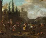 follower of Philips Wouwerman, Landscape with travellers, oil on canvas