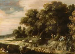circle of Hans Iii. Jordaens, Landscape with animals and shepherds, oil on panel, parqueted