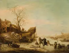 follower of Isaac van Ostade, Winter landscape with ice skaters, oil on canvas, unframed
