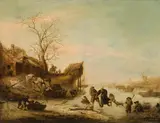follower of Isaac van Ostade, Winter landscape with ice skaters, oil on canvas, unframed