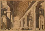 attributet to Francesco Panini, Interior of St. Peter's in Rome with a papal procession, hand-coloured copper engraving, paper mounted on cardboard