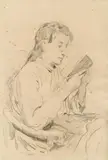 Albert Anker, Girl reading, pencil on paper