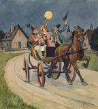 Fritz Schönpflug, Merry carriage ride, watercolour on paper
