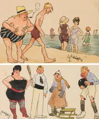 Fritz Schönpflug, Mixed lot: "At the beach"; "Sportsmen, india ink, watercolour on paper