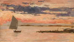 Marie Egner, The lagoon of Grado at sunset, oil on cardboard