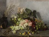 Irene Stoegmann-Bohrn, Flower still life with hyacinths and pansies, oil on canvas
