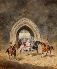 Alexander von Bensa, Departure to the falcon hunt, oil on panel