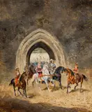 Alexander von Bensa, Departure to the falcon hunt, oil on panel