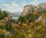 Josef Schmitzberger, Resting stags, oil on canvas