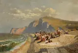 Charles Kuwasseg, Wäscherinnen am Strand von Etretat (Normandie), Öl auf Leinwand