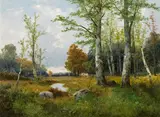 Adolf Kaufmann, Waldlandschaft mit Pferdefuhrwerk, Öl auf Leinwand