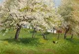Therese Schachner, Blühende Bäume, Öl auf Karton