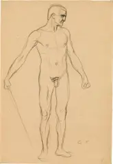 Gustav Klimt, Stehender Männerakt mit Stock (Studie im Zusammenhang mit dem "Wohlgerüsteten Starken" des Beethovenfrieses), 1902, schwarze Kreide auf Papier