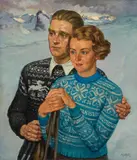 Albert Janesch, Ski pleasures in the Alps of Kitzbuhel, 1947, oil on canvas
