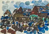 Gustav Hessing, Dorfansicht, Aquarell auf Papier