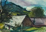 Josef Dobrowsky, Bauernhaus in hügeliger Landschaft, Mischtechnik auf Papier