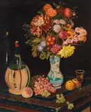 Herbert von Reyl-Hanisch, Stillleben mit Blumenvase, Chiantiflasche und Obst, 1932, Öl auf Holz