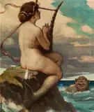Max Edler von Poosch, Meerjungfrau mit Harfe und Wassermann, 1933, Öl auf Leinwand, beschädigt