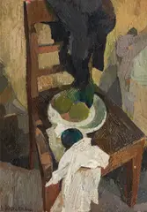 Alfred Karger, Stillleben mit Stuhl, 1949, Öl auf Pressspanplatte