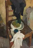 Alfred Karger, Stillleben mit Stuhl, 1949, Öl auf Pressspanplatte