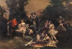 Oskar Larsen, Galante Gesellschaft im Freien, 1922, Mischtechnik auf Karton