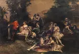 Oskar Larsen, Galante Gesellschaft im Freien, 1922, Mischtechnik auf Karton