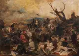 Oskar Larsen, Gelage mit Soldaten und Frauen, 1928, Öl auf Leinwand
